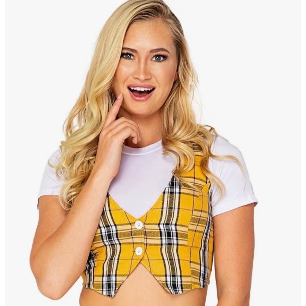 510 90s Aesthetic Roma Costume Cropped Vest M Yellow Plaid Clueless Style